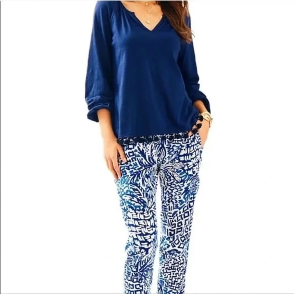 Lilly Pulitzer Linzy Tassel Trim True Navy Long Sleeve - Picture 2 of 11